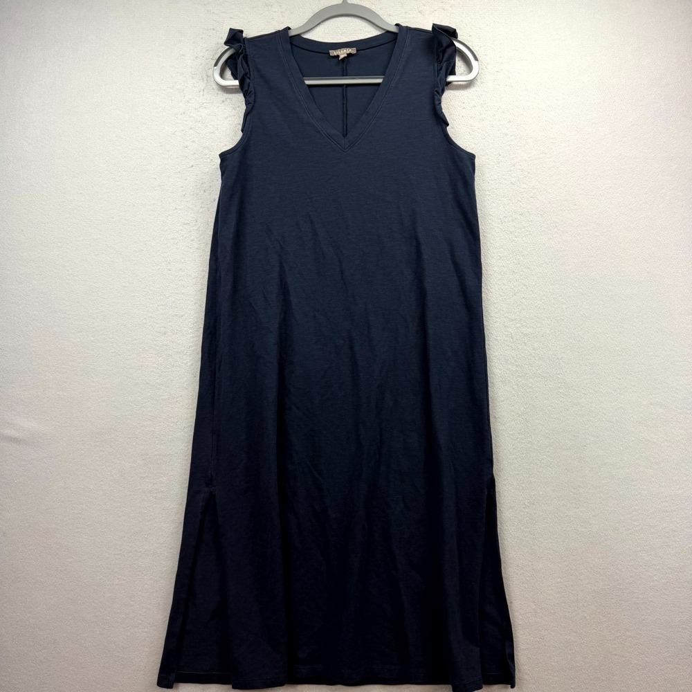 Lilla P Jersey Midi Dress Womens Medium Navy Cotton Summer Ruffle Sleeve V-Neck